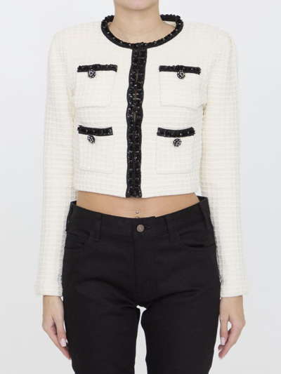 Self-portrait Textured Knit Jacket In Ivory
