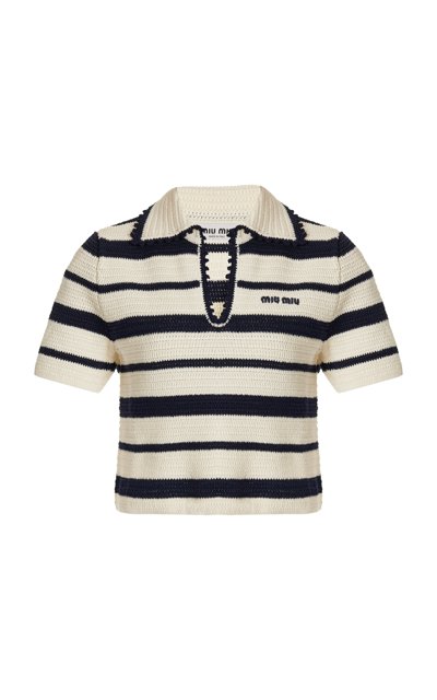 Miu Miu Crocheted Cotton-blend Polo Top In Navy