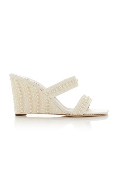 Jimmy Choo Sacoria Pearl-embellished Satin Wedge Sandals In White