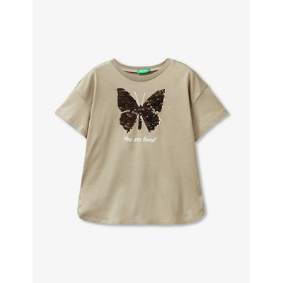 Benetton Kids' Butterfly Sequin-embroidered Cotton T-shirt 6-14 Years In Khaki Green