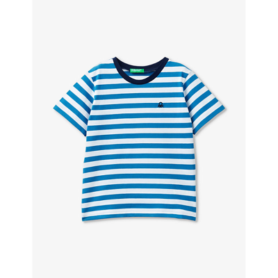 Benetton Kids' Logo-embroidered Striped Cotton T-shirt 18 Months-6 Years In Bright Blue Stripe