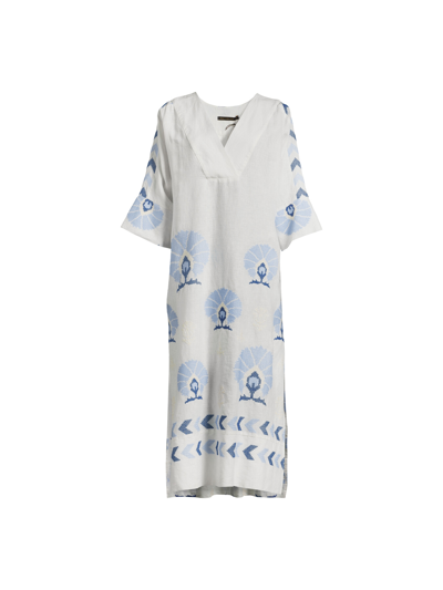 Kori Women's Linen Mini Peacocks Loose Fit Dress Blue In White
