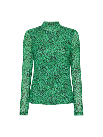 Whistles Dappled Floral High Neck Mesh Top In Green/multi