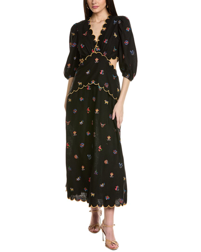 Farm Rio Cross Stitch Embroidered Linen-blend Maxi Dress In Black