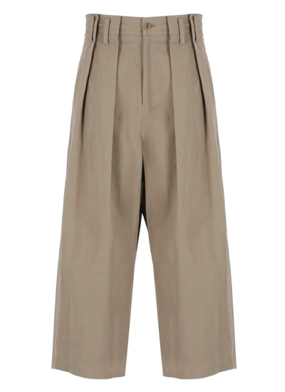 Y's Pleated Cotton Trousers In Neutrals