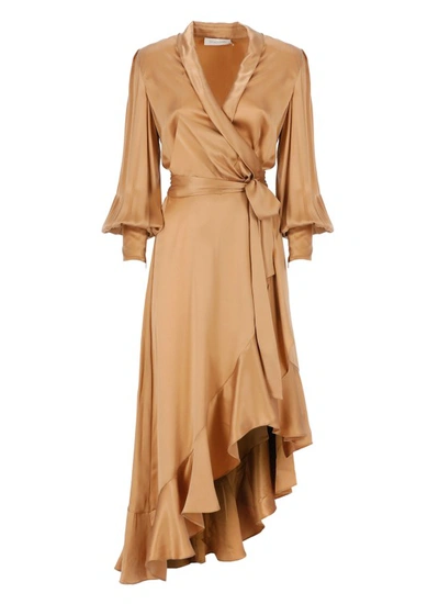 Zimmermann Womens Sand Plunge-neck Wrap-over Silk Midi Dress In Brown