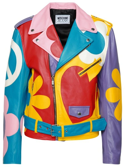 Moschino Jeans Leather Jacket In Multicolor