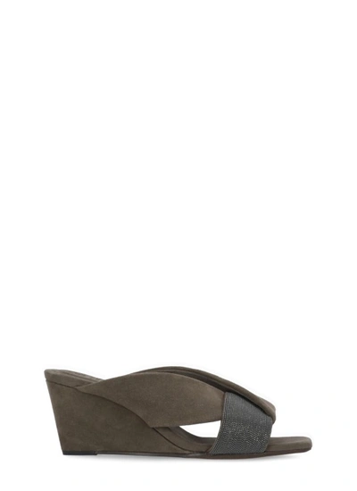 Brunello Cucinelli Wedge-heel Suede Sandals In Brown