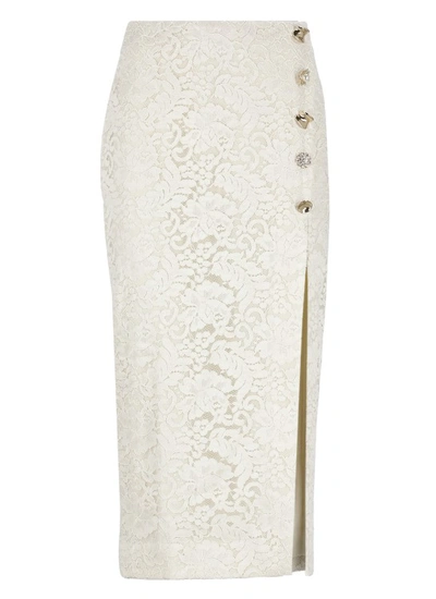 Self-portrait Cord-lace Slit Midi Skirt In Blanco