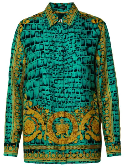 Versace Baroccodile' Multicolored Silk Shirt In Green