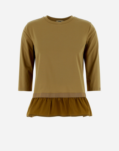 Herno Chic Cotton Jersey And New Techno Taffetà Long-sleeved T-shirt In Sand