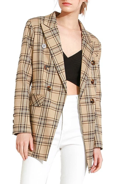 Belle & Bloom Too Cool For Work Plaid Double Breasted Blazer In Camel
