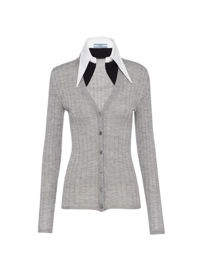 Prada Pointed-collar Ribbed-knit Cardigan In Light Grey