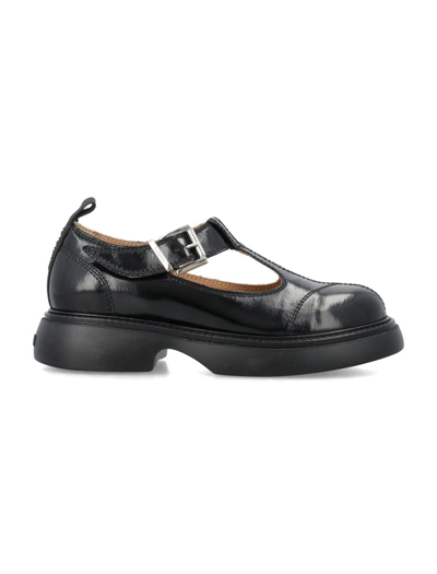 Ganni Cut-out Buckle-fastening Loafers In Black