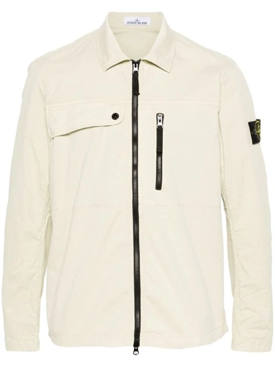 Stone Island Compass-patch Cotton Shirt Jacket In Neutrals