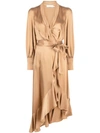 Zimmermann Long-sleeve Wrap Silk Midi Dress In Brown