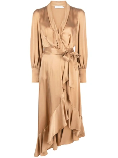 Zimmermann Long-sleeve Wrap Silk Midi Dress In Neutrals