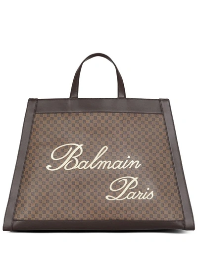 Balmain Olivier's Monogram Canvas And Leather Tote Bag In Brown