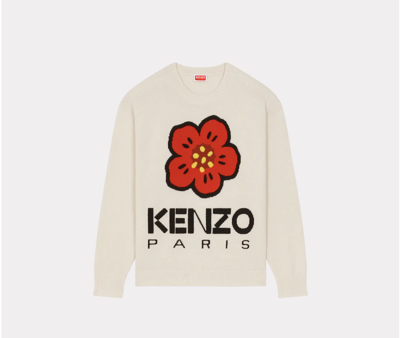 Kenzo Mens Off White Flower-knit Regular-fit Cotton-blend Jumper In Blanc Casse