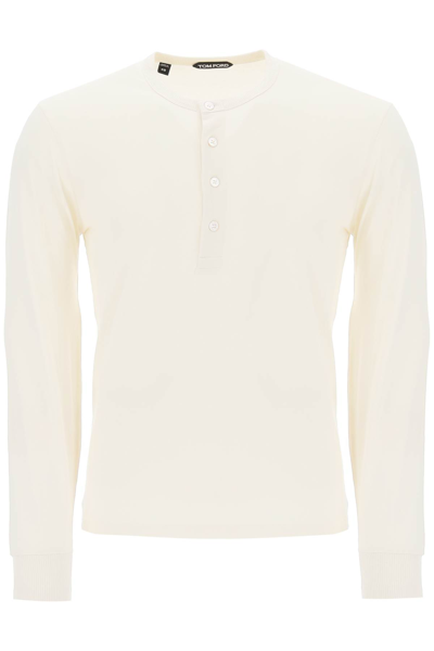 Tom Ford Lyocell Cotton Henley Shirt In Beige