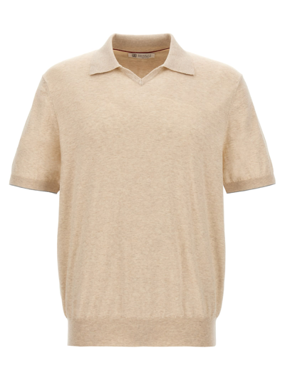 Brunello Cucinelli Knitted Polo Shirt In Beige