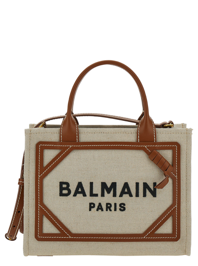 Balmain B-army Mini Beige Tote Bag With Logo Detail In Canvas Woman