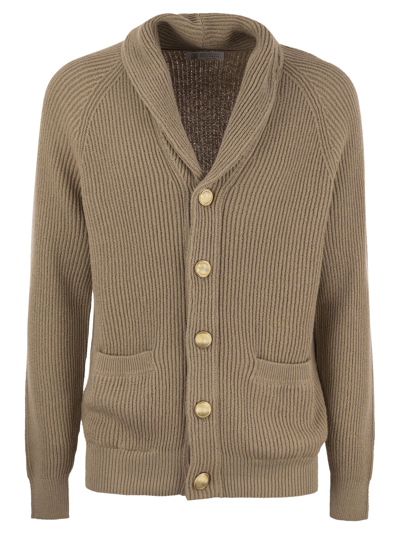 Brunello Cucinelli Pure Cotton Ribbed Cardigan With Metal Button Fastening In Biscuits