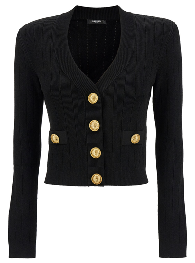Balmain Buttoned Knit Crop Cardigan In Black