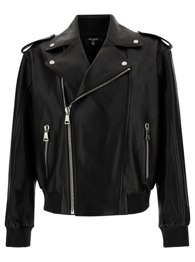 Balmain Black Biker Jacket With Revers Collar In Leather Woman