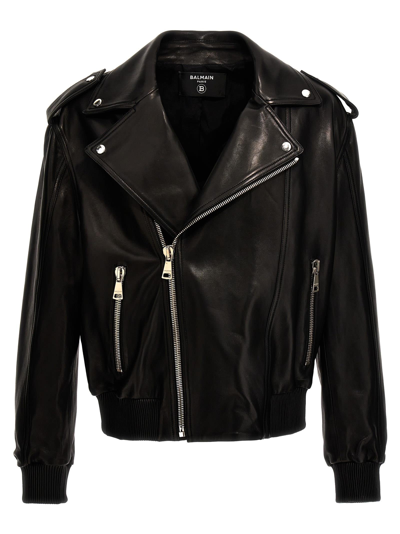 Balmain Black Biker Jacket With Revers Collar In Leather Woman