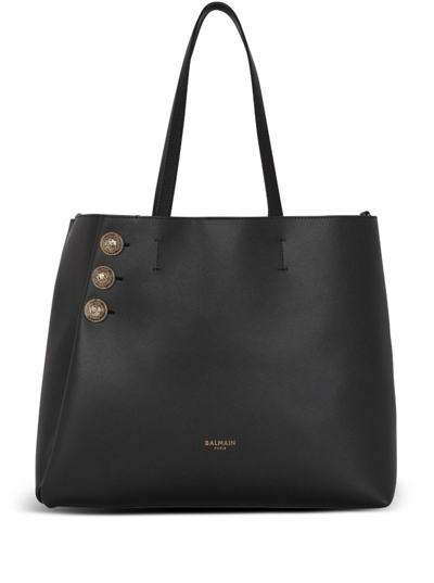 Balmain Emblème Black Tote Bag With  Coin Buttons And Logo Print In Smooth Leather Woman