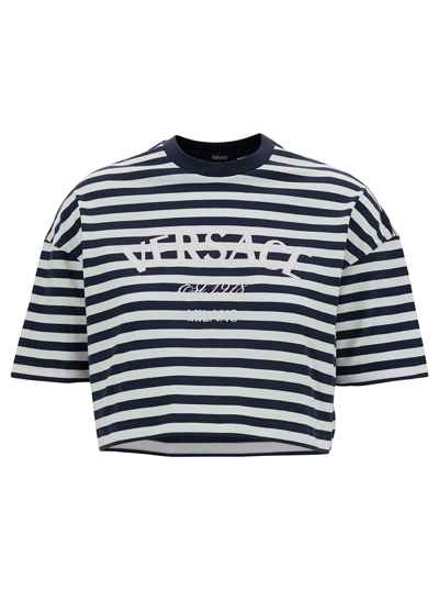 Versace Logo-embroidered Striped T-shirt In Blu