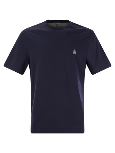 Brunello Cucinelli Slim Fit Crew-neck T-shirt In Cotton Jersey With Logo In Blue
