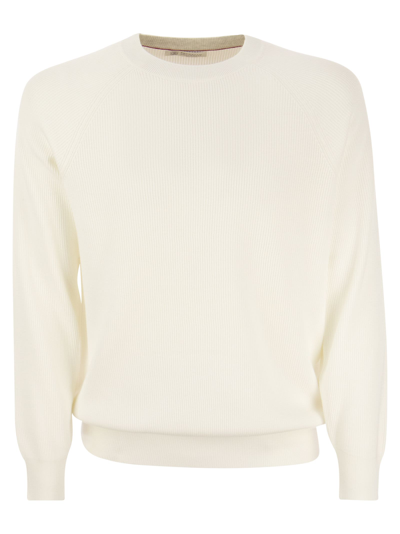 Brunello Cucinelli Cotton Rib Sweater With Raglan Sleeve In Cream