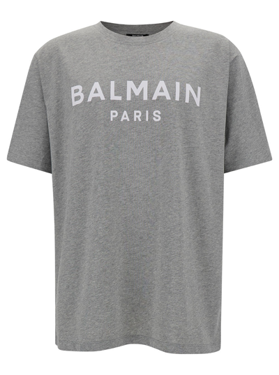 Balmain Grey Crew Neck T-shirt With Logo Print On The Chest In Cotton Man