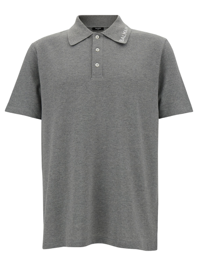 Balmain Grey Polo Shirt With Logo Embroidery On Collar In Cotton Man
