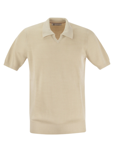 Brunello Cucinelli Cotton Rib Knit Polo Shirt In Oat