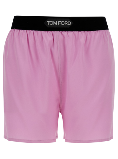TOM FORD TOM FORD PINK SATIN SHORTS WITH LOGO ON WAISTBAND IN STRETCH SILK WOMAN
