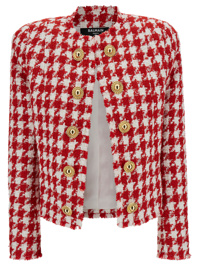 BALMAIN BALMAIN WHITE AND RED JACKET WITH HOUNDSTOOTH MOTIF AND JEWEL BUTTONS IN TWEED WOMAN