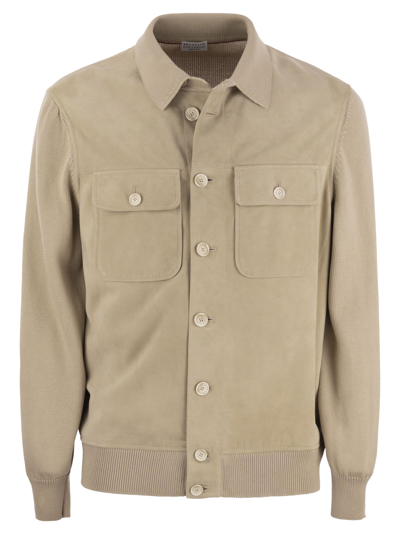 Brunello Cucinelli Suede Shirt-style Cardigan With Pockets In Sand