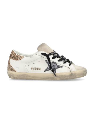 Golden Goose Super-star Leather Trainers With Glitter Star In White Silver Gold