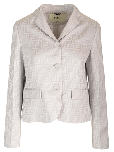 Fendi Single Breasted Ff Jacquard Satin Jacket In White