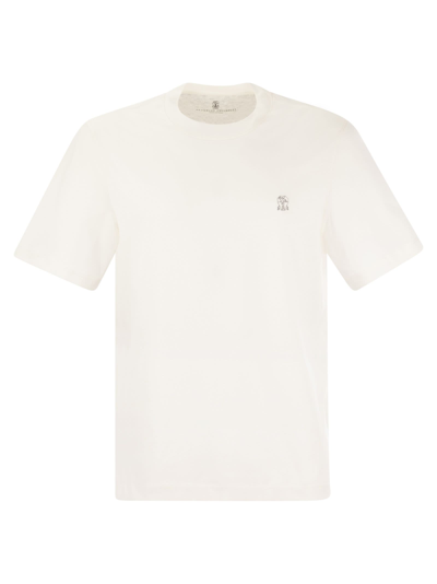 Brunello Cucinelli Slim Fit Crew-neck T-shirt In Cotton Jersey With Logo In White