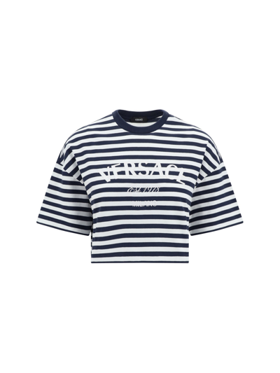 Versace Logo-embroidered Striped T-shirt In Blu