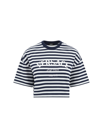 Versace L'ancora条纹棉质短款上衣 In White+navy+multicolor