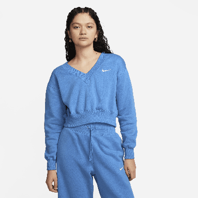 Nike Women's  Sportswear Phoenix Fleece Cropped V-neck Top In Star Blue/sail