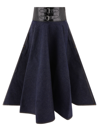 Alaïa Navy High Waist Denim Skirt With Croco Belt By Alaia In Blue