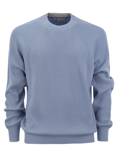 Brunello Cucinelli Cotton Rib Sweater With Raglan Sleeve In Aqua