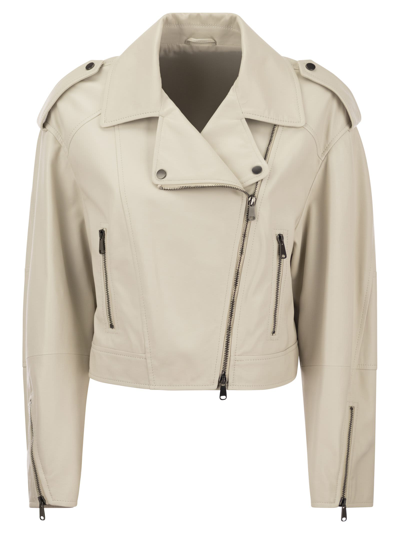 Brunello Cucinelli Nappa Leather Biker With Shiny Details In White