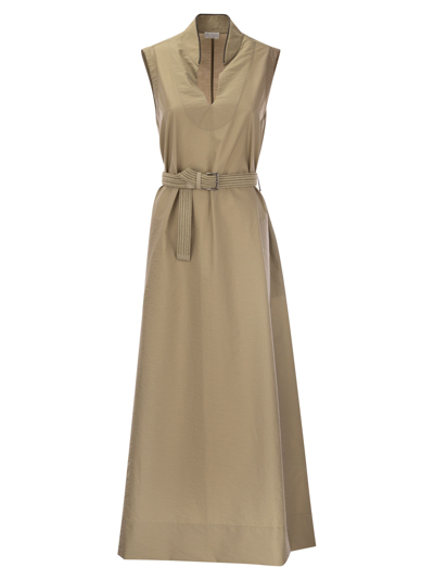 Brunello Cucinelli Techno Cotton Poplin Dress With Belt And Precious Shoulder Detail In Beige